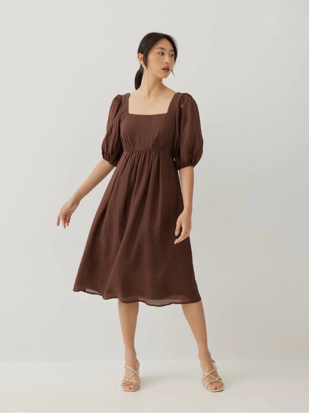 Love, Bonito Lisbeth Textured Cross Back Midi Dress Square Neck Puff Sleeve - M